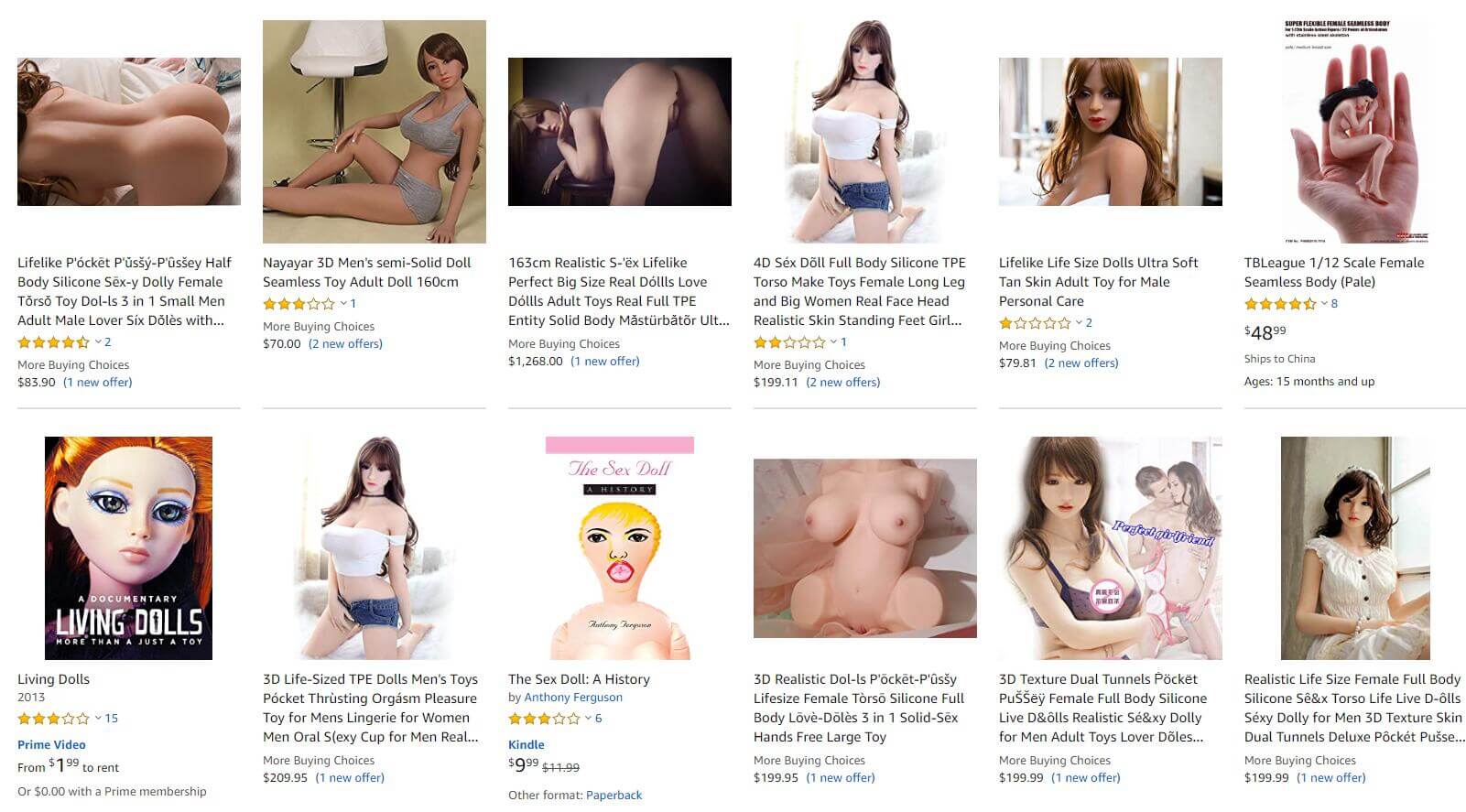 muñecas sexuales en el resultado de búsqueda de Amazon