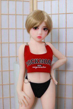 100cm mini sex doll with short blond hair wearing a red vest