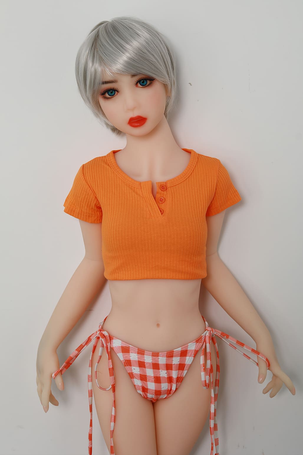 125cm short hair Asian flat chest young sex doll in orange shirt