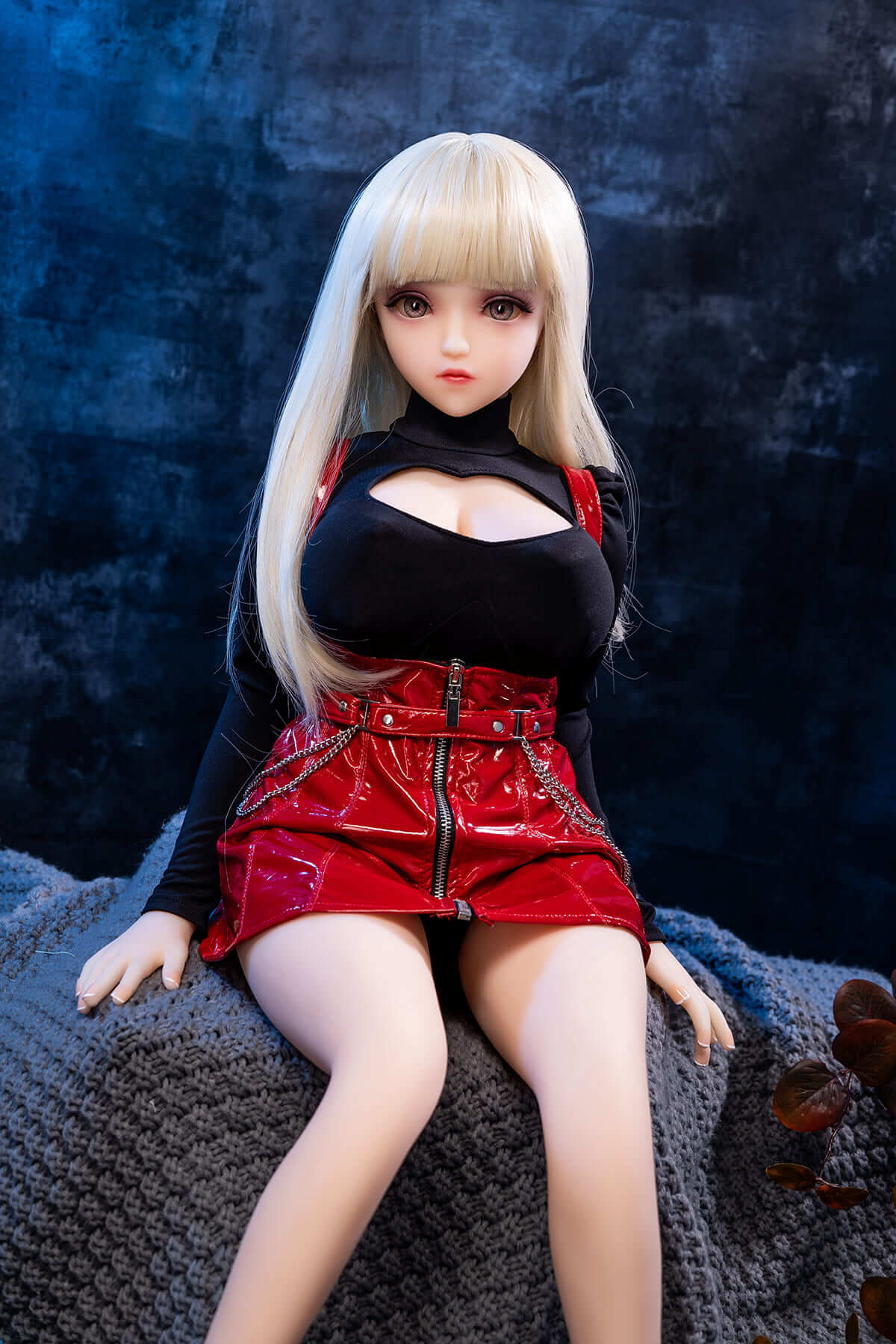 blonde miniature sex doll with bangs in red miniskirt